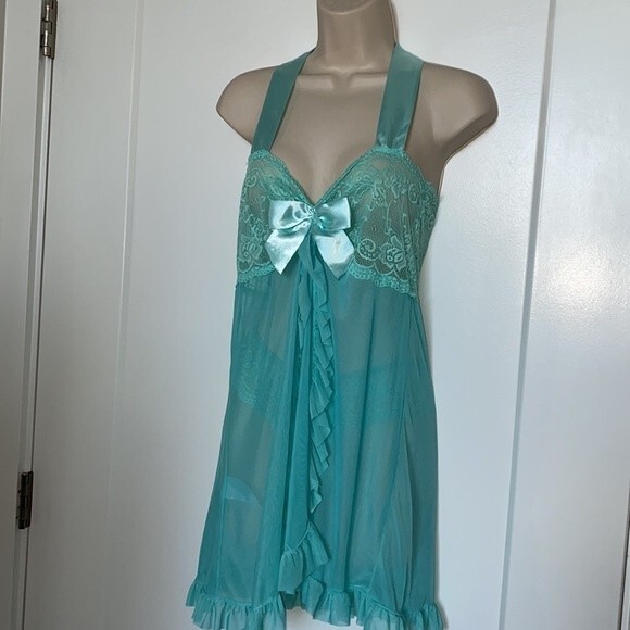Halter top, 2 piece Teddy In Floral Sea Foam Lace & Mesh with satin bow & tie's - Picture 8 of 15